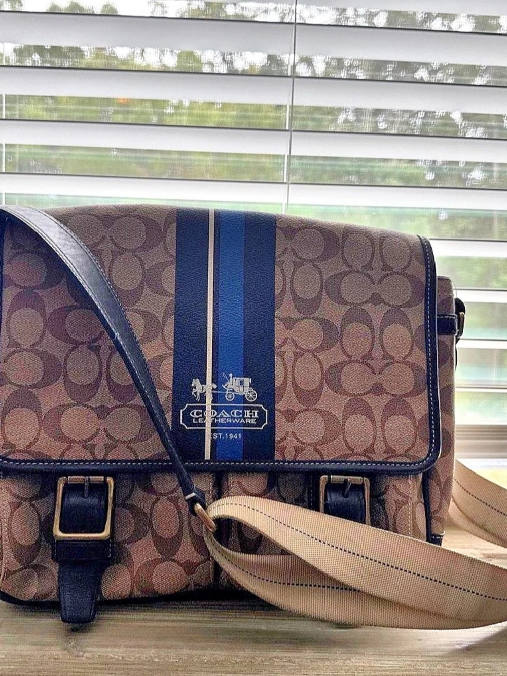 Coach Signature Stripe Messenger Bag in Brown & Blue
